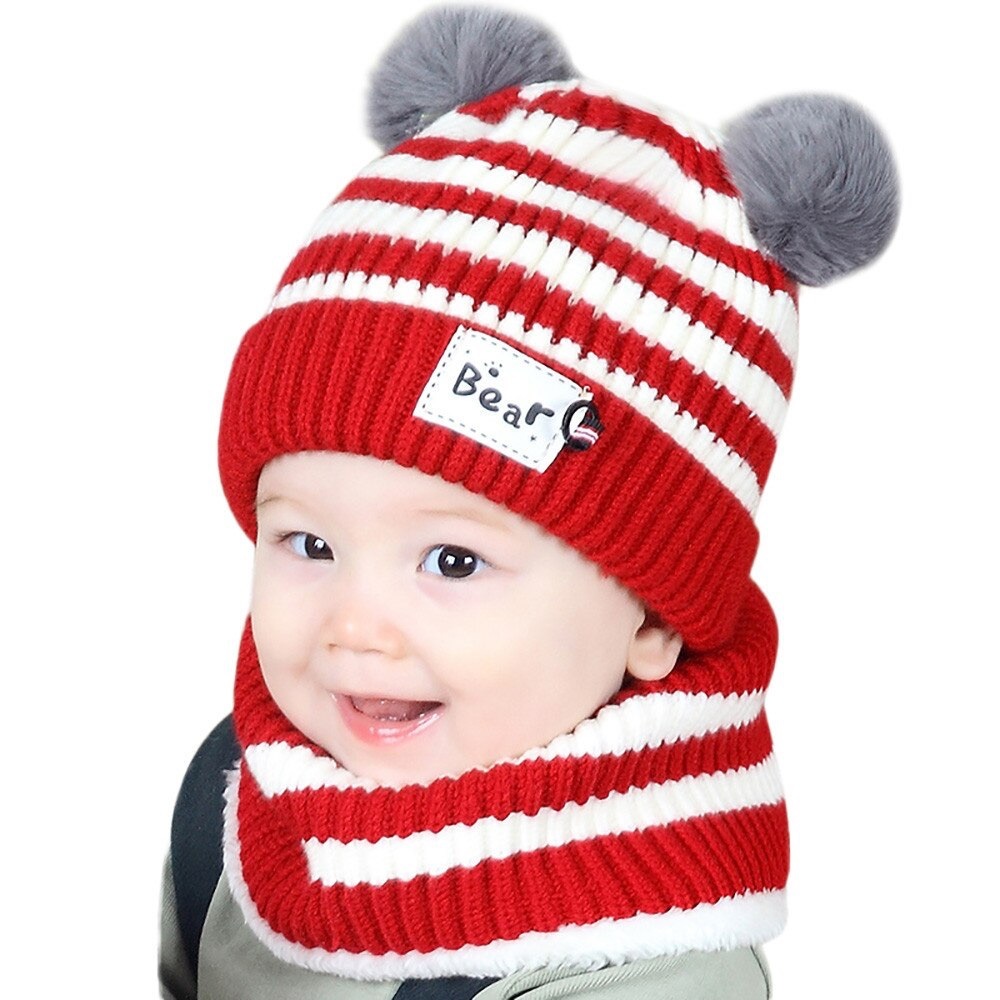 Infant Baby Red Striped Winter Hat & Ring Scarf Set